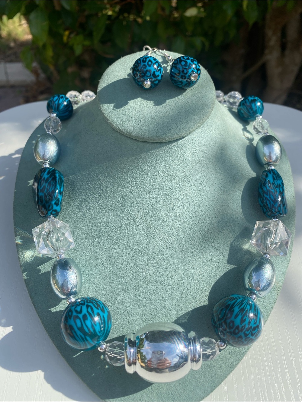 Turquoise Blue Animal Print Beaded Statement Necklace & Earrings Set